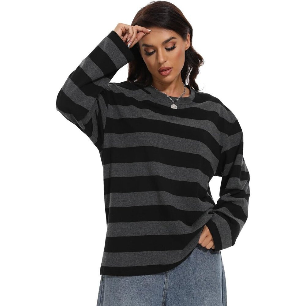Long Sleeve Striped Cotton Top Women Teen Gothic Grunge Casual Fall Wear